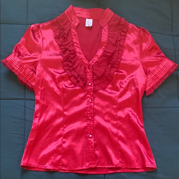 Red Satin Ruffle Blouse - Picture 2 of 6